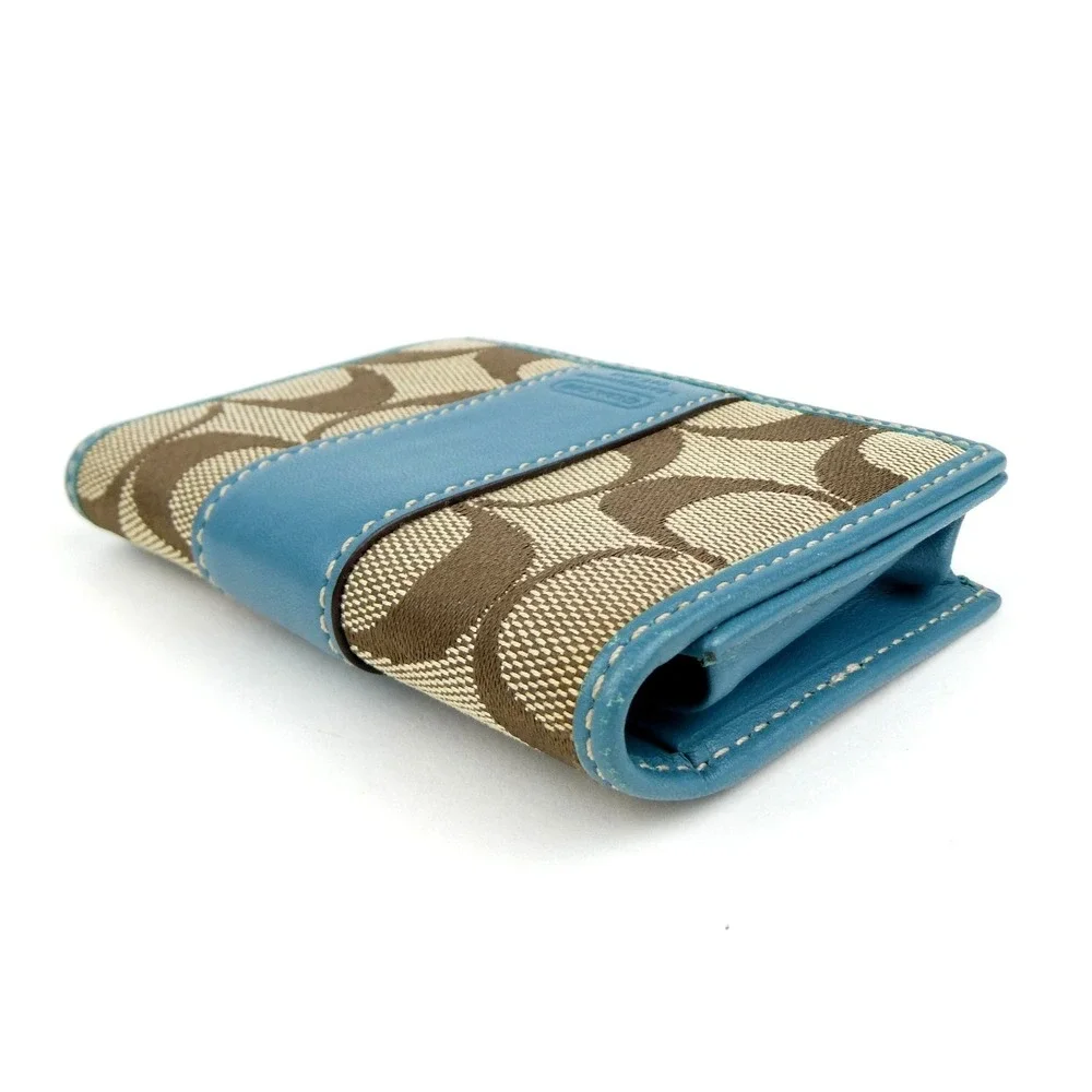 Coach Signature Khaki Teal Leatherware Bifold Card Case Wallet
